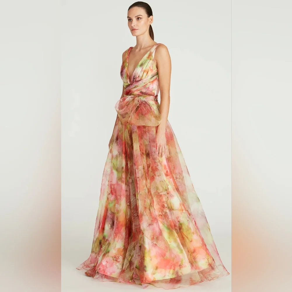 NWT Theia Faye Painterly Bow Organza Lightweight Chiffon Flowy A-line Gown 4‎ - Picture 4 of 15